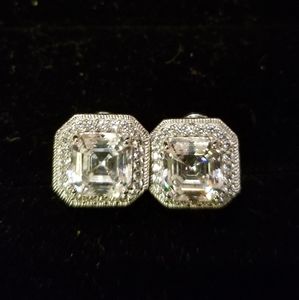Judith Ripka Sterling Silver 925 Asscher Cut Diamonique Omega Earrings